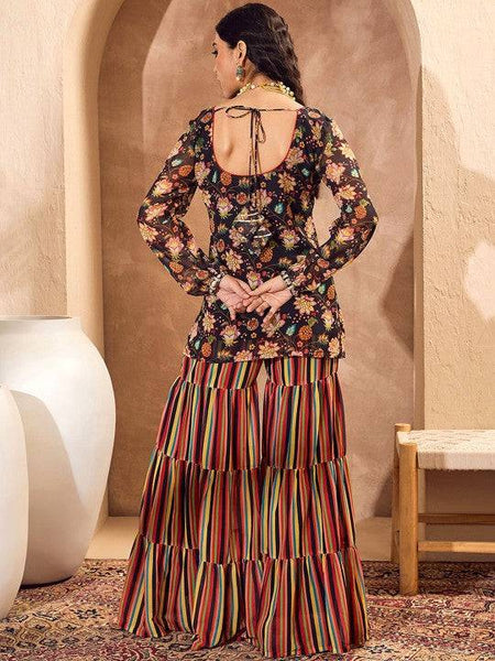 Long Sleeves Floral Printed Kurta with Sharara Indo Western Outfit Set VitansEthnics