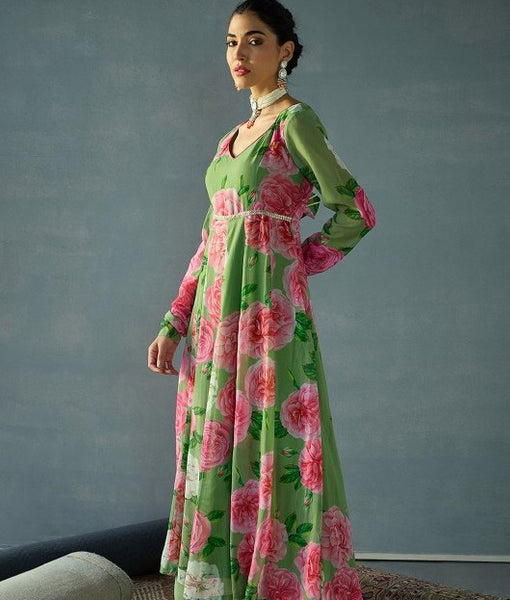 Women Floral Printed Sequinned Georgette Anarkali Gown VitansEthnics