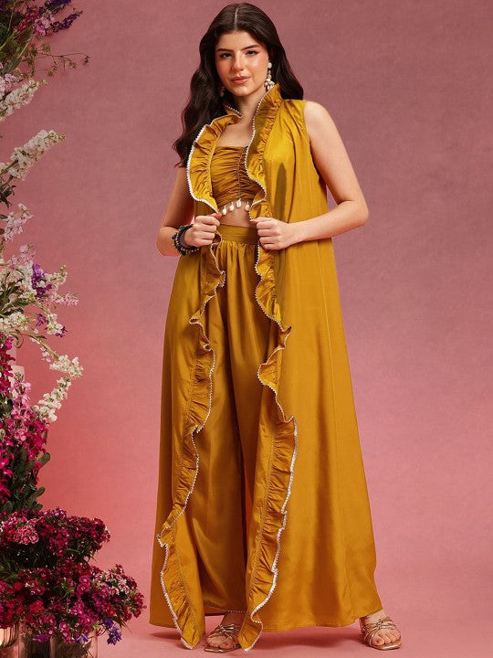 Ruffled Crop Top With Palazzo and Shrug Set for Women VitansEthnics