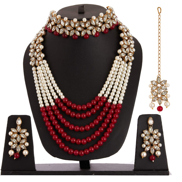 Women Gold Plated Bridal Long Necklace Set Neck Choker with Earrings and Maang Tikka VitansEthnics