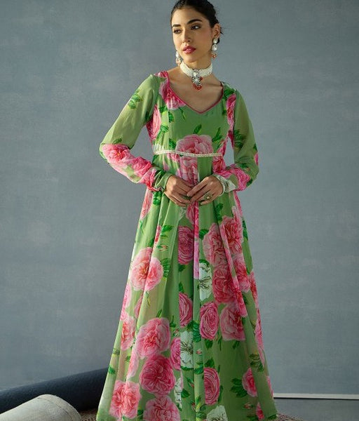 Women Floral Printed Sequinned Georgette Anarkali Gown VitansEthnics