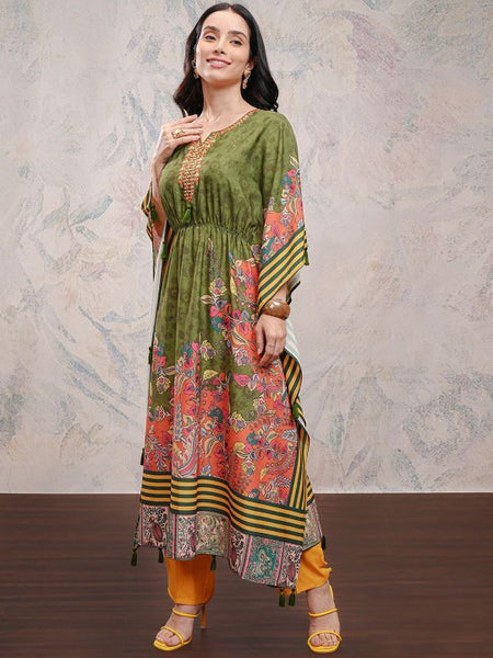 Printed Kaftan Kurta With Trousers For Women, Indian Suit Set, Indian Dress, Indo Western Outfit, Kaftan Kurti Set VitansEthnics