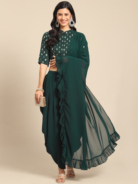 Green Sequin Crop Top With Dhoti Pants And Dupatta Set vitansethnics