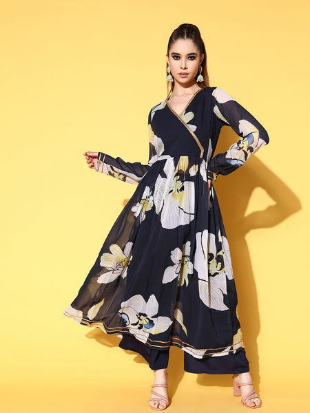 Navy Poly-Georgette Romantic Florals Kurta Set VitansEthnics