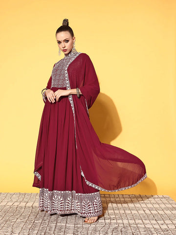 Women Maroon Embroidered Gown with Dupatta VitansEtnics