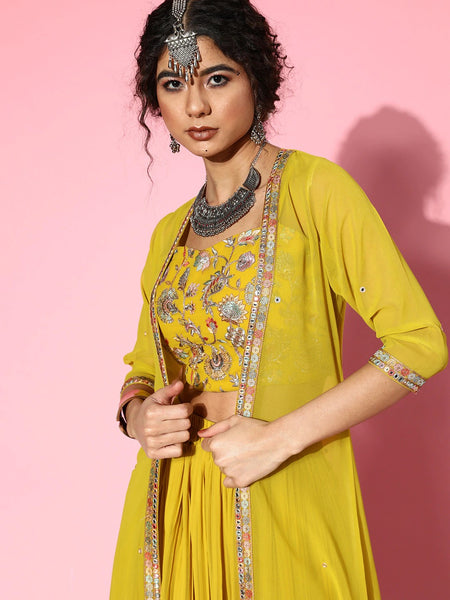 Women Elegant Mustard Self-Design Top with Solid Palazzos VitansEthnics
