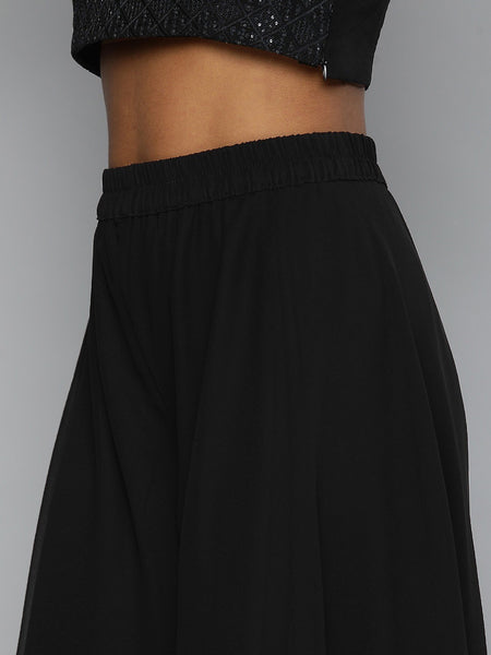 Women Black Embroidered Sequin Crop Top With Palazzo Pants And Shrug VitansEthnics