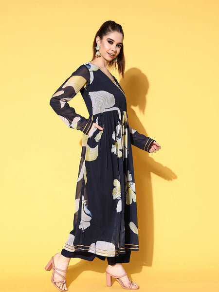 Navy Poly-Georgette Romantic Florals Kurta Set VitansEthnics