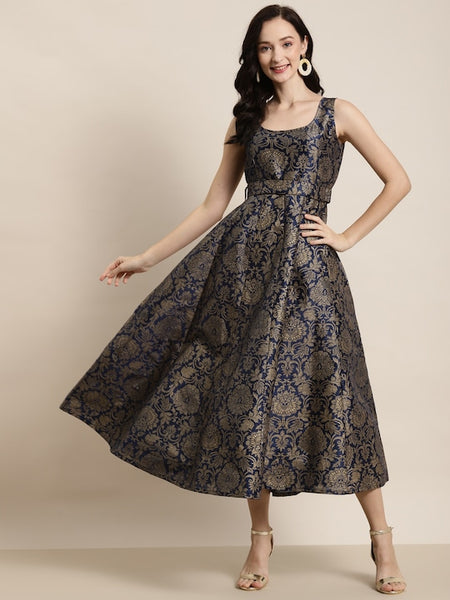 Floral Jacquard Self-Belt Maxi Dress VitansEthnics