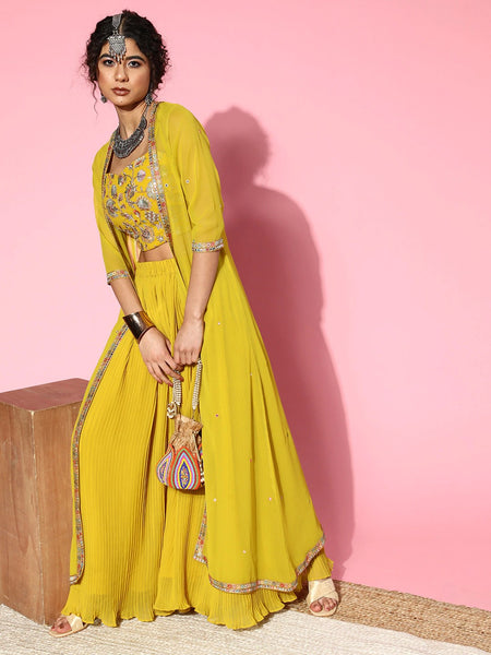 Women Elegant Mustard Self-Design Top with Solid Palazzos VitansEthnics