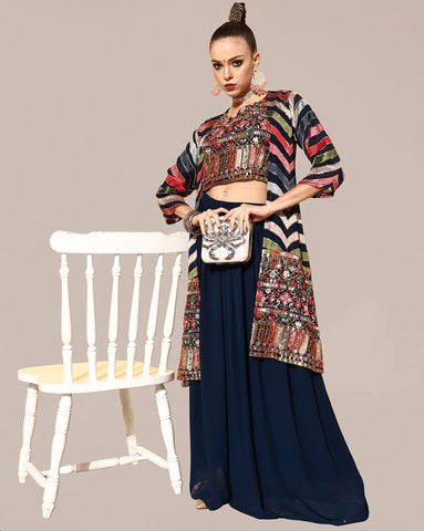 Women Black Embroidered Crop Top With Solid Skirt And Shrug VitansEthnics
