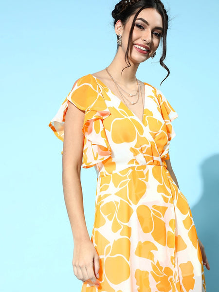 Women Stylish Mustard Floral Ruffled Dress VitansEthnics