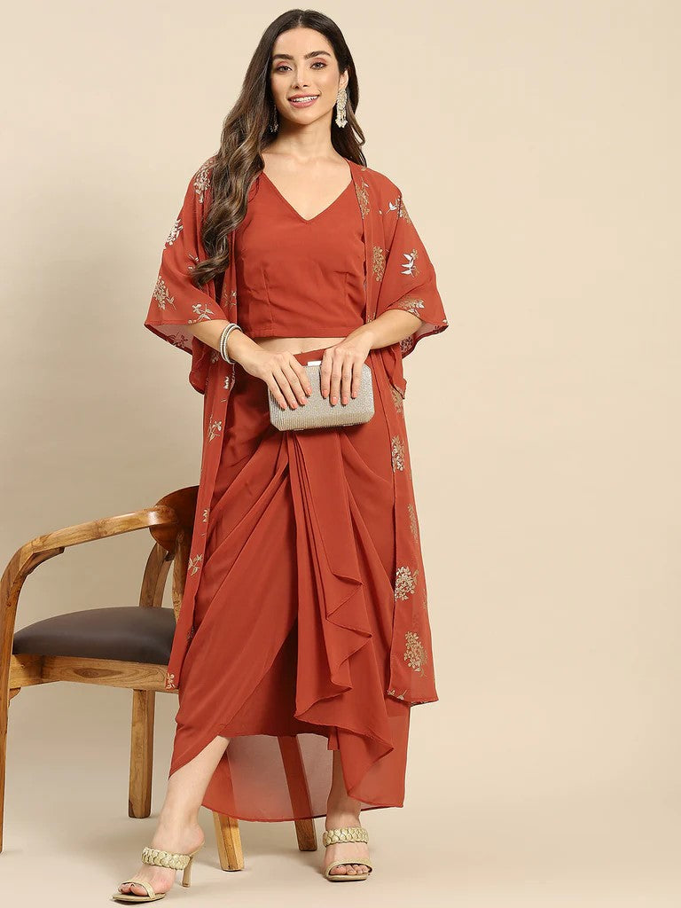 Crop Top With Dhoti Skirt And Shrug Set vitansethnics