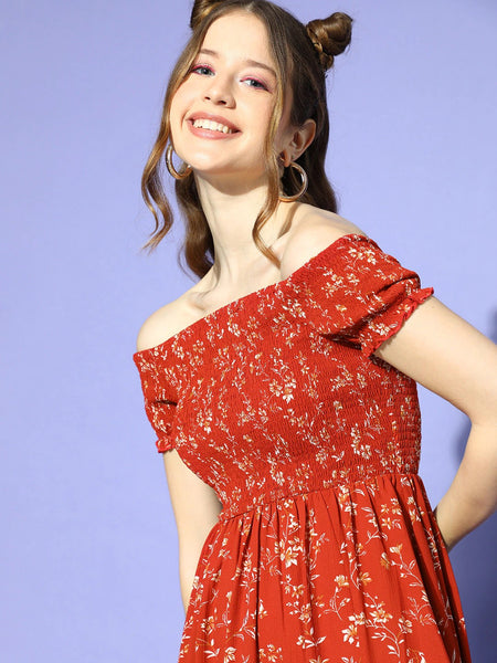 Women Gorgeous Red Floral Volume Play Dress VitansEtnics