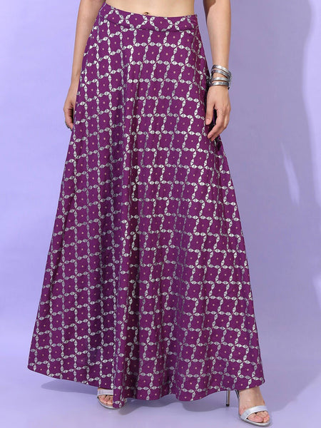 Women Purple Panelled Crop Top With Skirt And Long Jacket vitansethnics