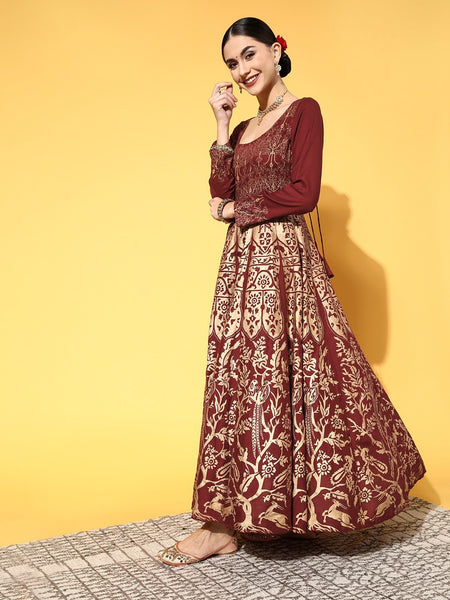 Women Maroon Ethnic Motifs Swirling Volume Dress VitansEthnics