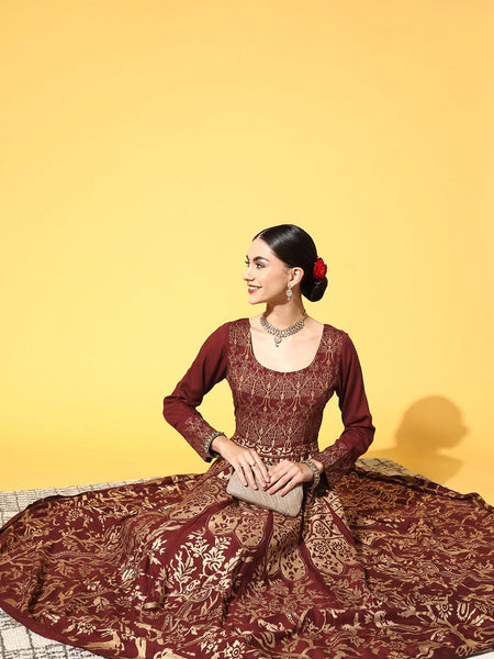 Women Maroon Ethnic Motifs Swirling Volume Dress VitansEthnics
