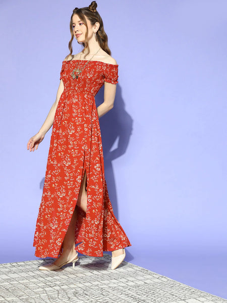 Women Gorgeous Red Floral Volume Play Dress VitansEtnics