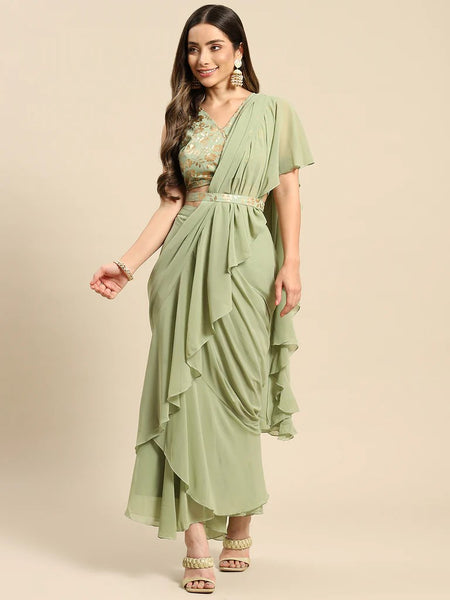 Crop Top With Skirt And Attached Dupatta Set | Pre-stitched Saree Gown vitansethnics