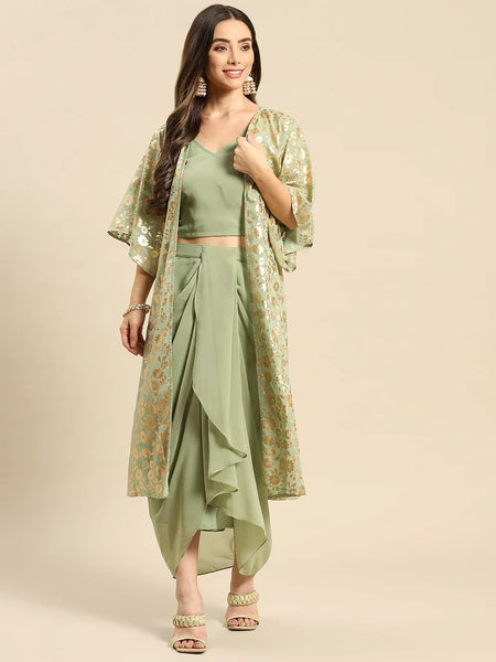 Crop Top With Dhoti Skirt And Shrug Set vitansethnics