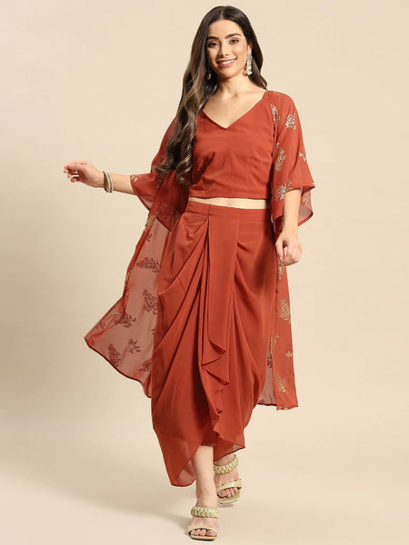Crop Top With Dhoti Skirt And Shrug Set vitansethnics