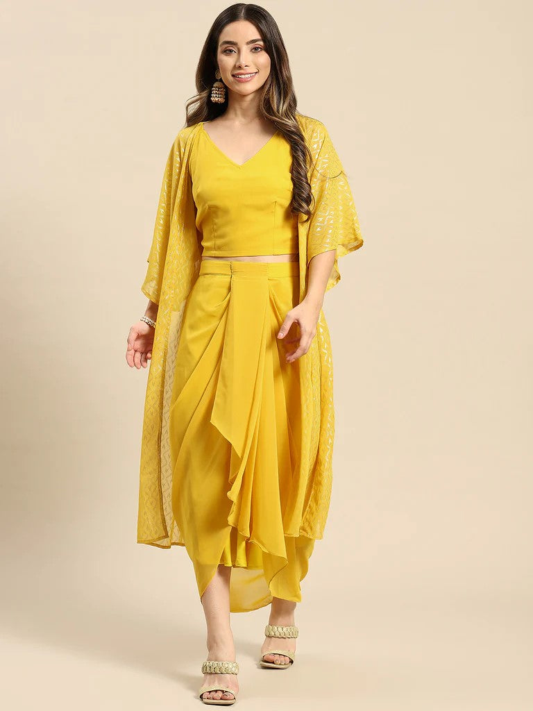 Crop Top With Dhoti Skirt And Shrug Set vitansethnics