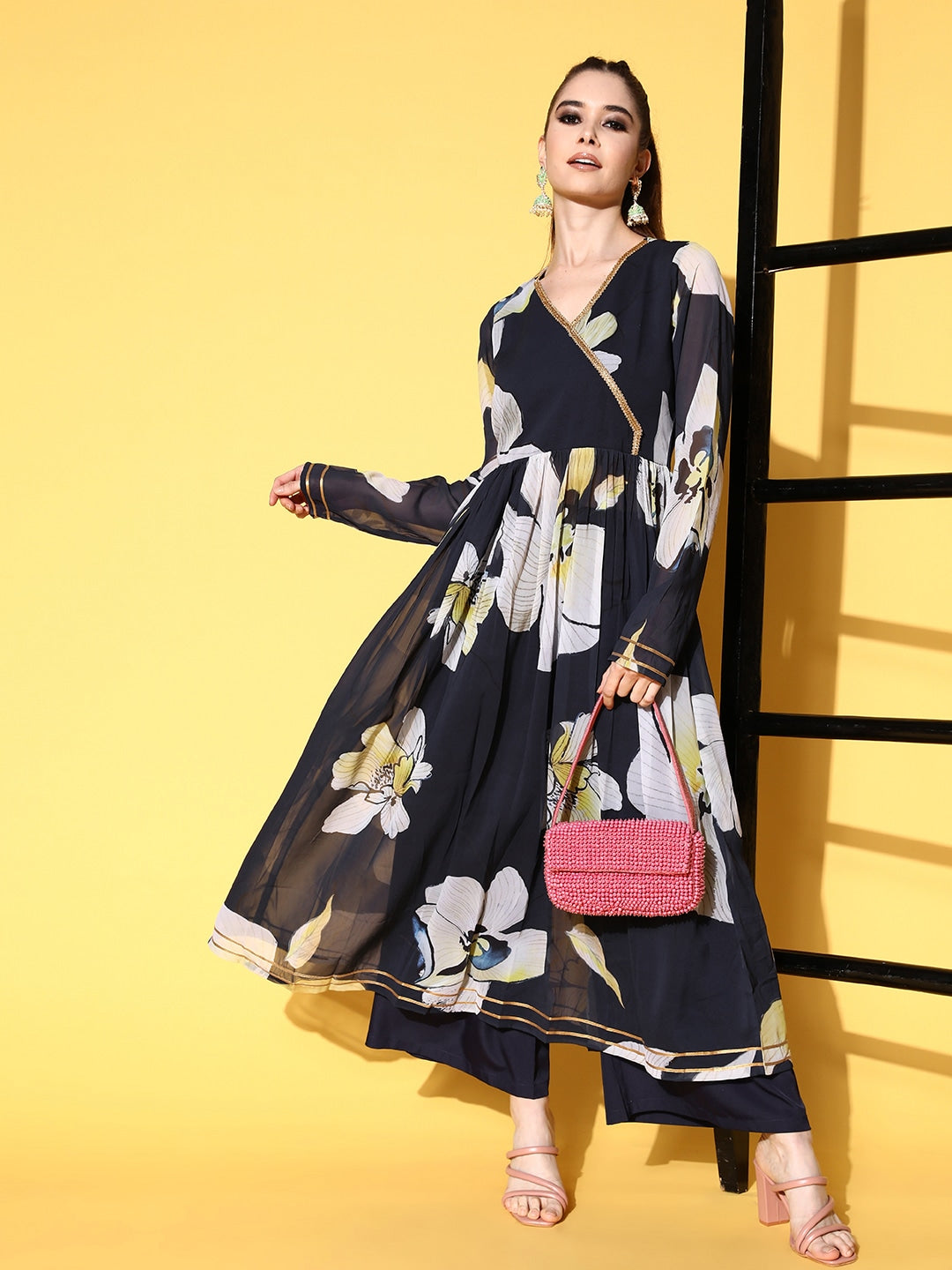 Navy Poly-Georgette Romantic Florals Kurta Set VitansEthnics