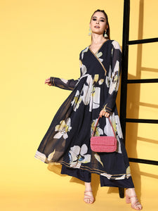 Navy Poly-Georgette Romantic Florals Kurta Set VitansEthnics