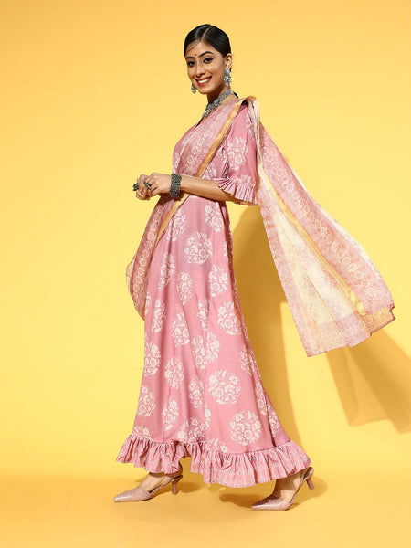 Women Pretty Pink Ethnic Motifs Draped Luxe Dress VitansEthnics
