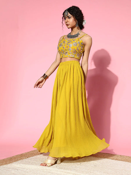 Women Elegant Mustard Self-Design Top with Solid Palazzos VitansEthnics