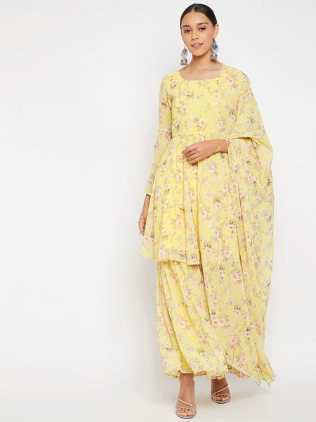 Women Yellow Floral Print Sharara Set With Dupatta VitansEthnics