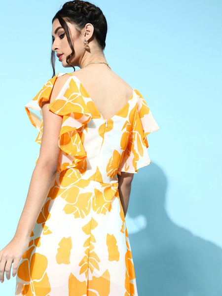 Women Stylish Mustard Floral Ruffled Dress VitansEthnics