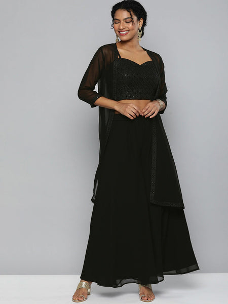 Women Black Embroidered Sequin Crop Top With Palazzo Pants And Shrug VitansEthnics