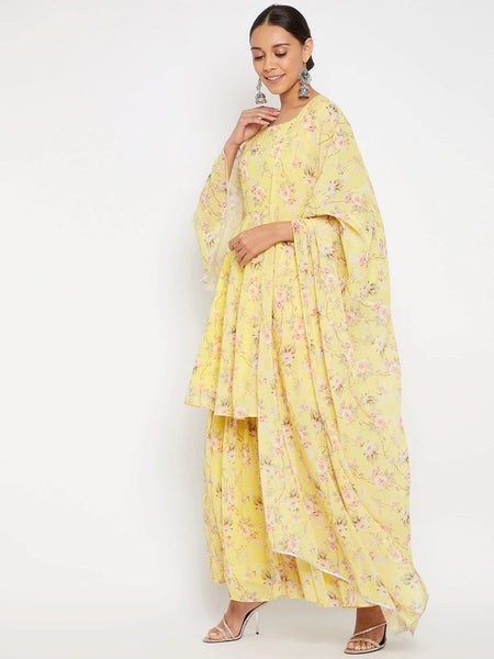 Women Yellow Floral Print Sharara Set With Dupatta VitansEthnics