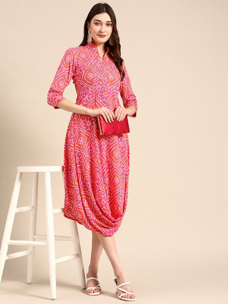 Front Cowl Chinese Collar Printed Dress VitansEthnics