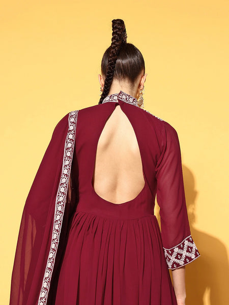 Women Maroon Embroidered Gown with Dupatta VitansEtnics