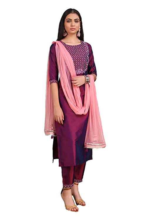 Art Silk Embroidered Kurta with Pant and Dupatta Set vitansethnics