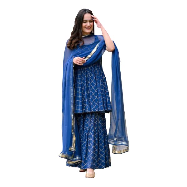 Women Blue Sleeveless Kurta with Sharara Pants & Dupatta Set vitansethnics