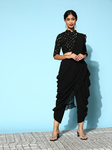 Black Sequin Crop Top With Dhoti Pants And Dupatta Set vitansethnics