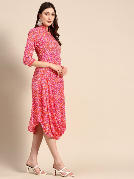Front Cowl Chinese Collar Printed Dress VitansEthnics