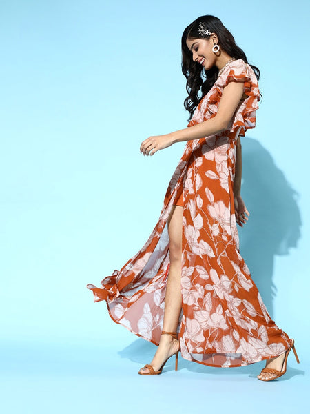Women Stylish Mustard Floral Ruffled Dress VitansEthnics