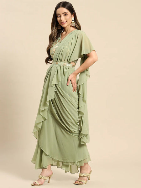 Crop Top With Skirt And Attached Dupatta Set | Pre-stitched Saree Gown vitansethnics