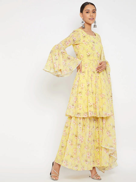 Women Yellow Floral Print Sharara Set With Dupatta VitansEthnics