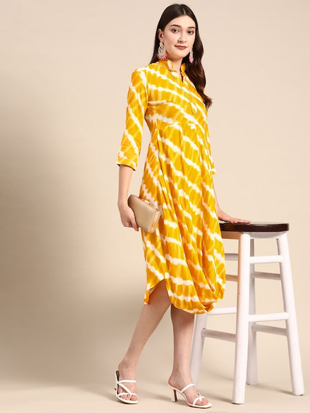 Front Cowl Chinese Collar Printed Dress VitansEthnics