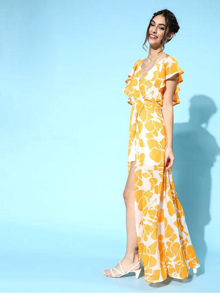 Women Stylish Mustard Floral Ruffled Dress VitansEthnics