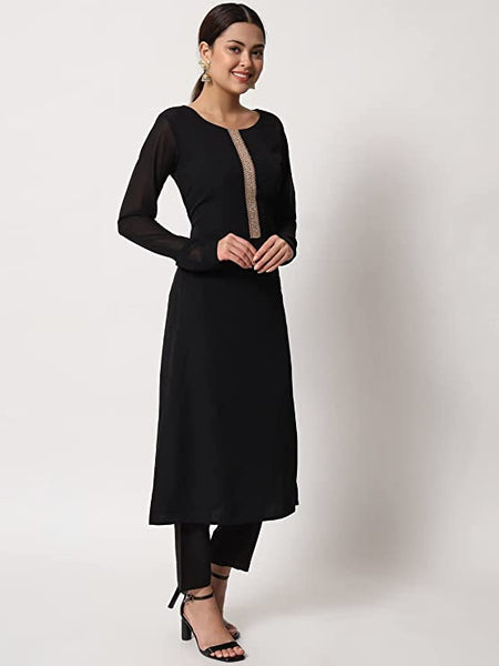 Women's Black Poly Crepe Straight Kurta with Pant and Dupatta vitansethnics