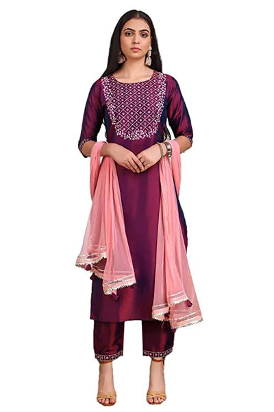 Art Silk Embroidered Kurta with Pant and Dupatta Set vitansethnics