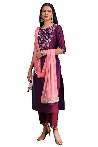 Art Silk Embroidered Kurta with Pant and Dupatta Set vitansethnics