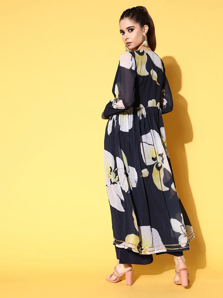 Navy Poly-Georgette Romantic Florals Kurta Set VitansEthnics