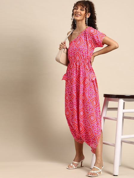 One Shoulder Bandhani Print Dhoti Jumpsuit vitansethnics